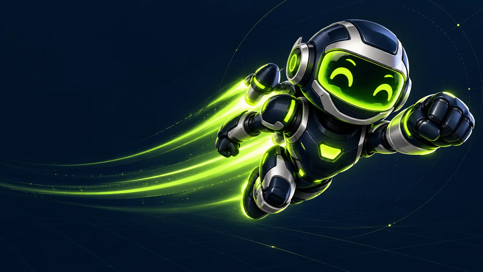 Revvy rocket robot flying forward with lime energy trails